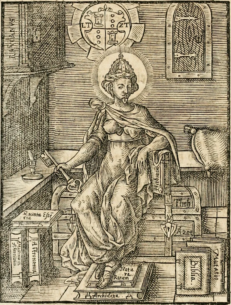 An illustration from Quinta essentia, das ist, Die höchste Subtilitet, Krafft vnd Wirckung, beyder der fürtrefflichsten, vnd menschlichem Geschlecht am nützlichsten Künsten, der Medicin vnd Alchemy : auch wie nahe diese beyde mit Sipschafft gefreund vnd verwandt sind, vnd das eine ohn beystandt der andern nicht nütz sey, oder in den menschlichen Cörpern zu wircken kein Krafft habe : Vergleichung der alten und newen Medicin, vnd wie alle Subtiliteten ausgezogen, die Element geschieden, alle Corpora gemutirt ... : jetzt von newem, sampt Eröffnung der vertunckelten Sententz, Wort vnd Namen, gemehret vnd gebessert, 1574, leaf 29