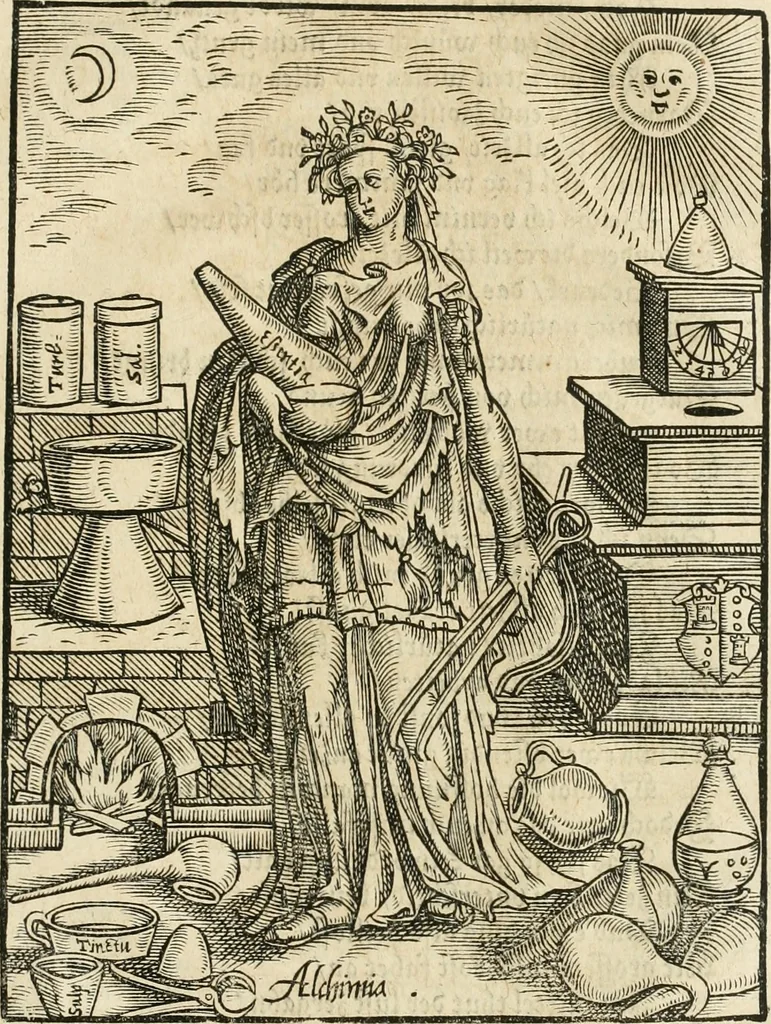An illustration from Quinta essentia, das ist, Die höchste Subtilitet, Krafft vnd Wirckung, beyder der fürtrefflichsten, vnd menschlichem Geschlecht am nützlichsten Künsten, der Medicin vnd Alchemy : auch wie nahe diese beyde mit Sipschafft gefreund vnd verwandt sind, vnd das eine ohn beystandt der andern nicht nütz sey, oder in den menschlichen Cörpern zu wircken kein Krafft habe : Vergleichung der alten und newen Medicin, vnd wie alle Subtiliteten ausgezogen, die Element geschieden, alle Corpora gemutirt ... : jetzt von newem, sampt Eröffnung der vertunckelten Sententz, Wort vnd Namen, gemehret vnd gebessert, 1574, leaf 40