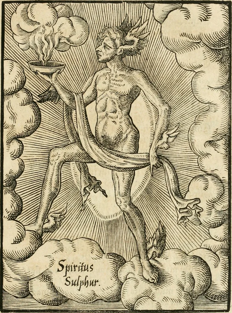An illustration from Quinta essentia, das ist, Die höchste Subtilitet, Krafft vnd Wirckung, beyder der fürtrefflichsten, vnd menschlichem Geschlecht am nützlichsten Künsten, der Medicin vnd Alchemy : auch wie nahe diese beyde mit Sipschafft gefreund vnd verwandt sind, vnd das eine ohn beystandt der andern nicht nütz sey, oder in den menschlichen Cörpern zu wircken kein Krafft habe : Vergleichung der alten und newen Medicin, vnd wie alle Subtiliteten ausgezogen, die Element geschieden, alle Corpora gemutirt ... : jetzt von newem, sampt Eröffnung der vertunckelten Sententz, Wort vnd Namen, gemehret vnd gebessert, 1574, leaf 82