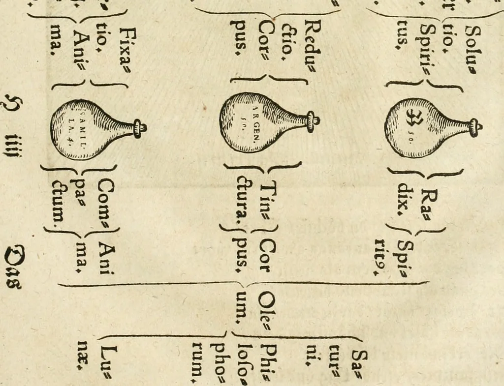 An illustration from Quinta essentia, das ist, Die höchste Subtilitet, Krafft vnd Wirckung, beyder der fürtrefflichsten, vnd menschlichem Geschlecht am nützlichsten Künsten, der Medicin vnd Alchemy : auch wie nahe diese beyde mit Sipschafft gefreund vnd verwandt sind, vnd das eine ohn beystandt der andern nicht nütz sey, oder in den menschlichen Cörpern zu wircken kein Krafft habe : Vergleichung der alten und newen Medicin, vnd wie alle Subtiliteten ausgezogen, die Element geschieden, alle Corpora gemutirt ... : jetzt von newem, sampt Eröffnung der vertunckelten Sententz, Wort vnd Namen, gemehret vnd gebessert, 1574, leaf 94