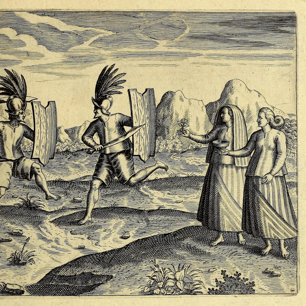 An illustration from Quinta pars Indiae Orientalis: Quâ continetur vera & accurata descriptio vniuersae nauigationis illius, quam Hollandi cum octonis nauibus in terras orientales, praecipuè verò in Iauanas & Moluccanas Insulas, Bantam, Bandam & Ternatem, &c. susceperunt: : qui An. 1598. Amstelredamo soluentes, partim postero anno 1599. partim hunc sequente 1600 cum ingentibus diuitiis, piperis nucum myristicarum, garyophyllorum, & caeterorum pretiosorum aromatum, feliciter confecto itinere redierunt: vbi iuxtà, quaecunque in itinere ab ipsis gesta, visa & obseruata sunt, sigillatim percensentur., 1601, leaf 105