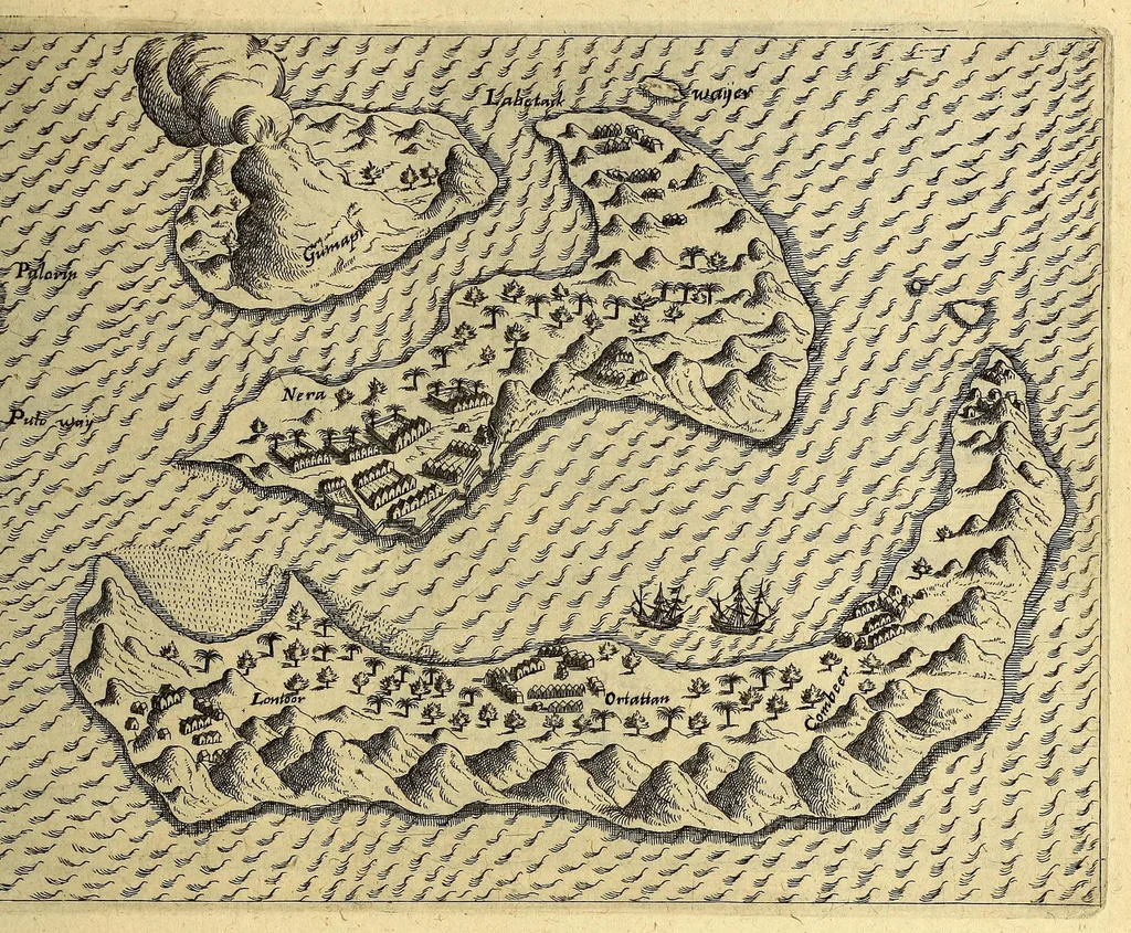 An illustration from Quinta pars Indiae Orientalis: Quâ continetur vera & accurata descriptio vniuersae nauigationis illius, quam Hollandi cum octonis nauibus in terras orientales, praecipuè verò in Iauanas & Moluccanas Insulas, Bantam, Bandam & Ternatem, &c. susceperunt: : qui An. 1598. Amstelredamo soluentes, partim postero anno 1599. partim hunc sequente 1600 cum ingentibus diuitiis, piperis nucum myristicarum, garyophyllorum, & caeterorum pretiosorum aromatum, feliciter confecto itinere redierunt: vbi iuxtà, quaecunque in itinere ab ipsis gesta, visa & obseruata sunt, sigillatim percensentur., 1601, leaf 87