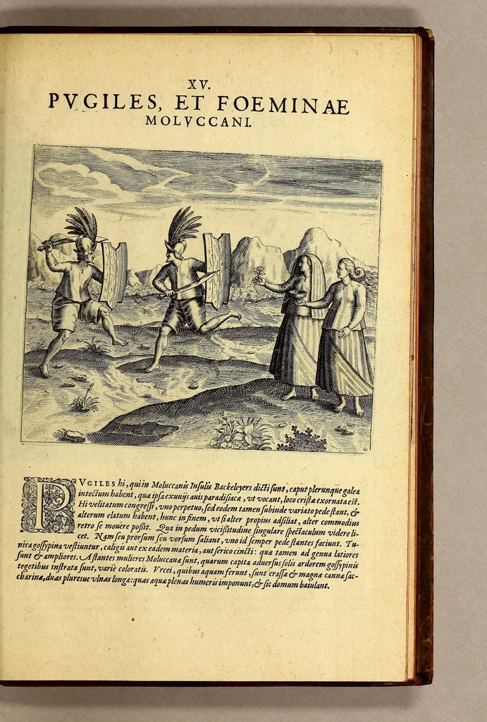 An illustration from Quinta pars Indiae Orientalis: Quâ continetur vera & accurata descriptio vniuersae nauigationis illius, quam Hollandi cum octonis nauibus in terras orientales, praecipuè verò in Iauanas & Moluccanas Insulas, Bantam, Bandam & Ternatem, &c. susceperunt: : qui An. 1598. Amstelredamo soluentes, partim postero anno 1599. partim hunc sequente 1600 cum ingentibus diuitiis, piperis nucum myristicarum, garyophyllorum, & caeterorum pretiosorum aromatum, feliciter confecto itinere redierunt: vbi iuxtà, quaecunque in itinere ab ipsis gesta, visa & obseruata sunt, sigillatim percensentur., 1601, leaf 105