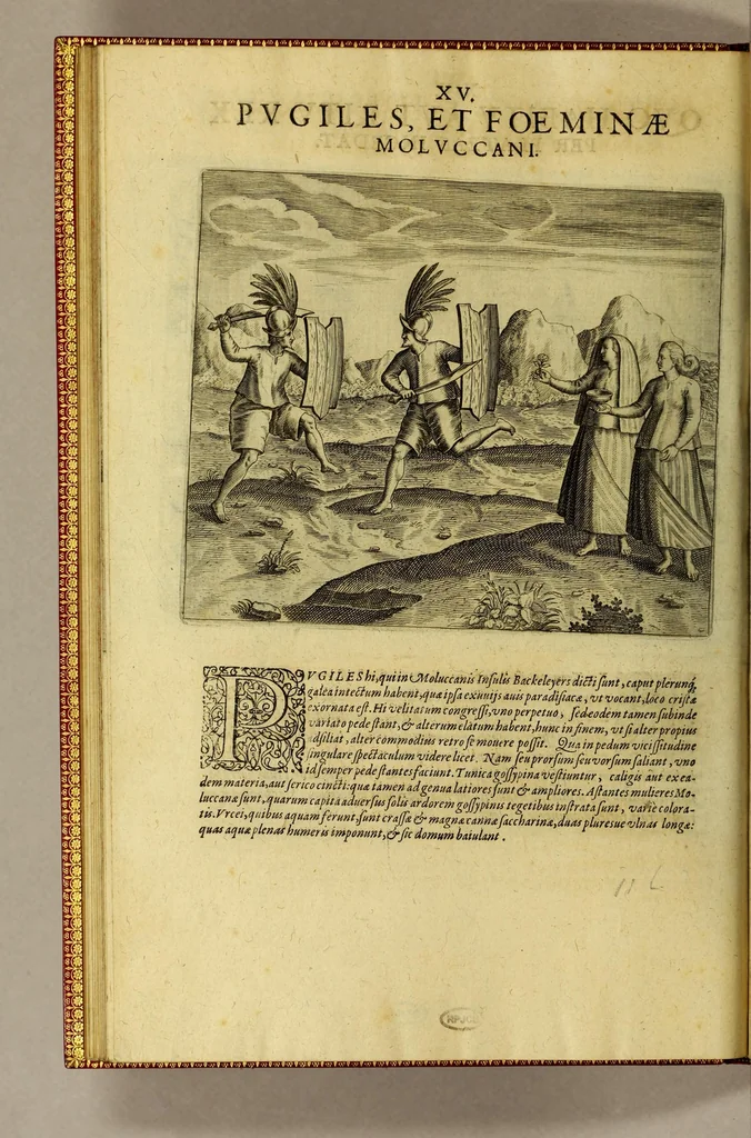 An illustration from Quinta pars Indiae Orientalis: quâ continetur vera & accurata descriptio vniuersae nauigationis illius, quam Hollandi cum octonis nauibus in terras orientales, praecipuè verò in Iauanas & Moluccanas Insulas, Bantam, Bandam & Ternatem, &c. susceperunt: : qui An. 1598. Amstelredamo soluentes, partim postero anno 1599. partim hunc sequente 1600 cum ingentibus diuitiis, piperis nucum myristicarum, garyophyllorum, & caeterorum, pretiosorum aromatum, feliciter confecto itinere redierunt: vbi iuxtà, quaecunque in itinere ab ipsis gesta, visa & obseruata sunt, sigillatim percensentur., 1601, leaf 98