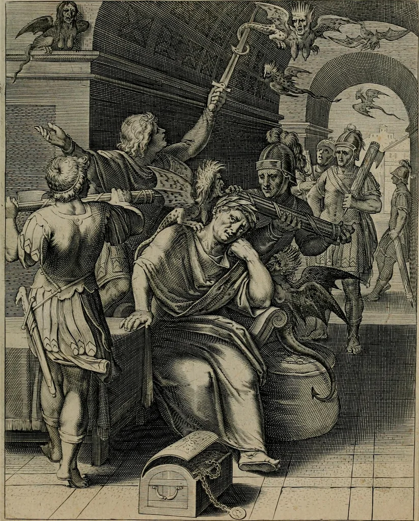An illustration from Quinti Horatii Flacci emblemata : imaginibus in aes incisis, notisq[ue], illustrata, 1612, leaf 96
