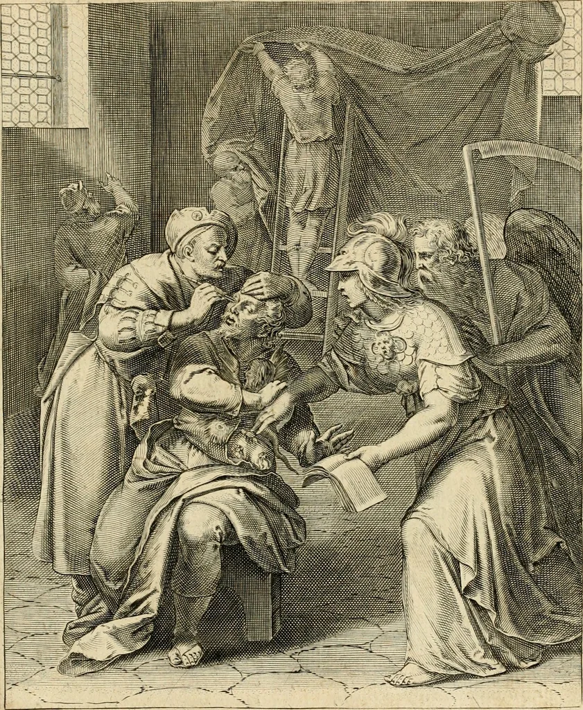 An illustration from Quinti Horatij Flacci Emblemata : imaginibus in aes incisis, notis[que] illustrata, 1612, leaf 58