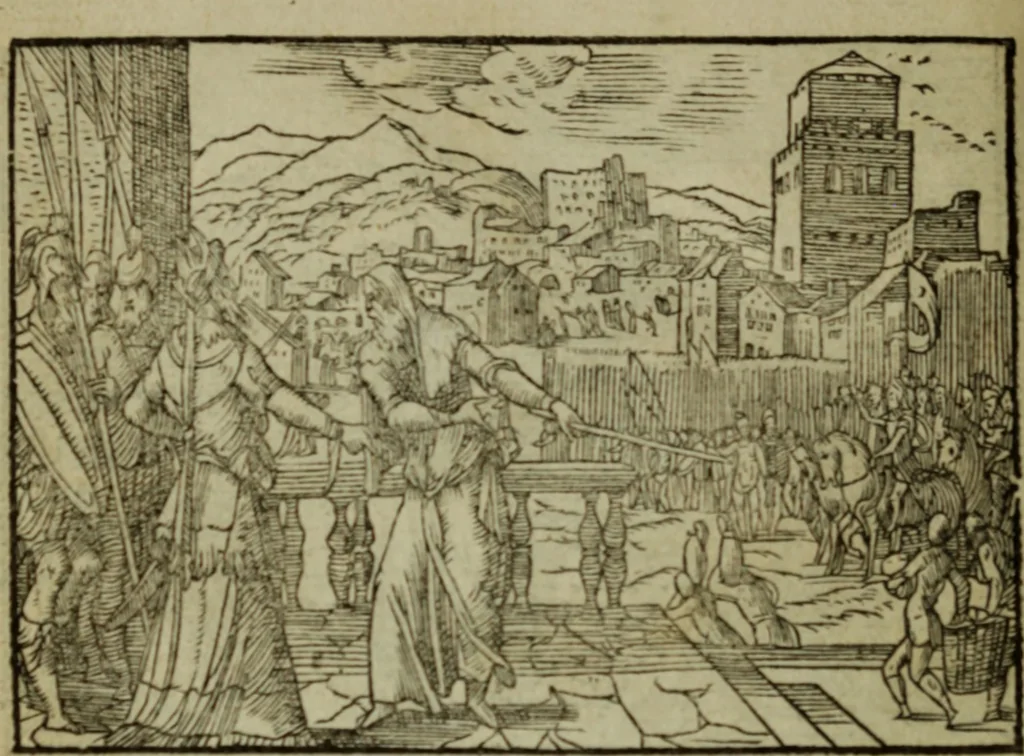 An illustration from Qvadrins historiqves de la Bible, 1558, leaf 181