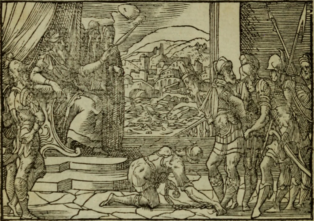 An illustration from Qvadrins historiqves de la Bible, 1558, leaf 187