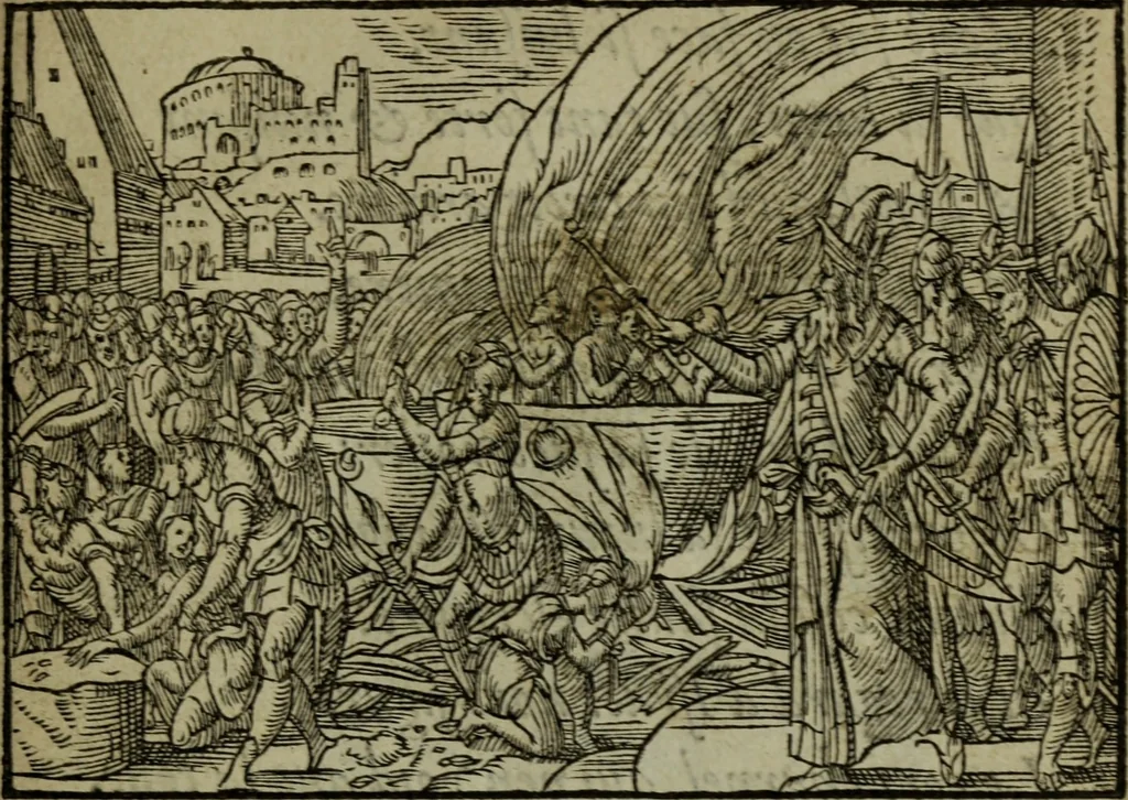 An illustration from Qvadrins historiqves de la Bible, 1558, leaf 202