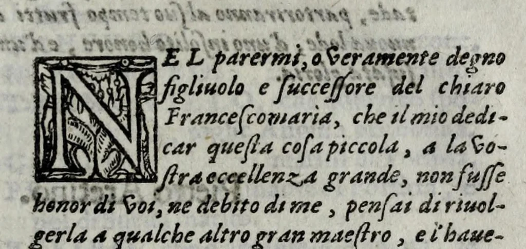 An illustration from Qvattro comedie del divino Pietro Aretino : cioè, Il marescalco, La cortegiana, La talanta, L'hipocrito, 1588, leaf 489