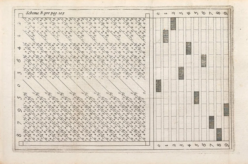 An illustration from Rabdologiæ, seu numerationis per virgulas libri duo : cum appendice de expeditissimo multiplicationis promptuario. Quibus accessit & arithmeticæ localis liber unus, 1617, leaf 127