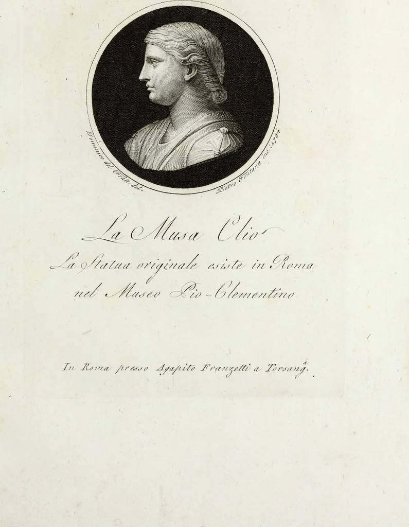 An illustration from Raccolta di dodici busti cavati dalle antiche statue originali : e sono l'Apollo citaredo colle muse, e l'Apollo detto di Belvedere, queste si ammirano nel Museo Pio-Clementino, la Venere de Medici, nel Museo ducale in Firenze, 1794, leaf 10