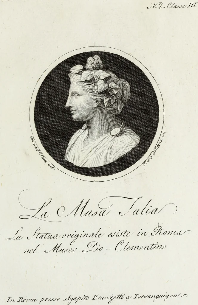 An illustration from Raccolta di dodici busti cavati dalle antiche statue originali : e sono l'Apollo citaredo colle muse, e l'Apollo detto di Belvedere, queste si ammirano nel Museo Pio-Clementino, la Venere de Medici, nel Museo ducale in Firenze, 1794, leaf 14