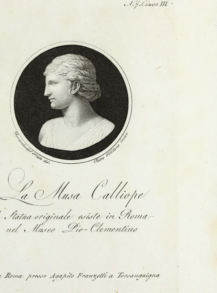 An illustration from Raccolta di dodici busti cavati dalle antiche statue originali : e sono l'Apollo citaredo colle muse, e l'Apollo detto di Belvedere, queste si ammirano nel Museo Pio-Clementino, la Venere de Medici, nel Museo ducale in Firenze, 1794, leaf 18