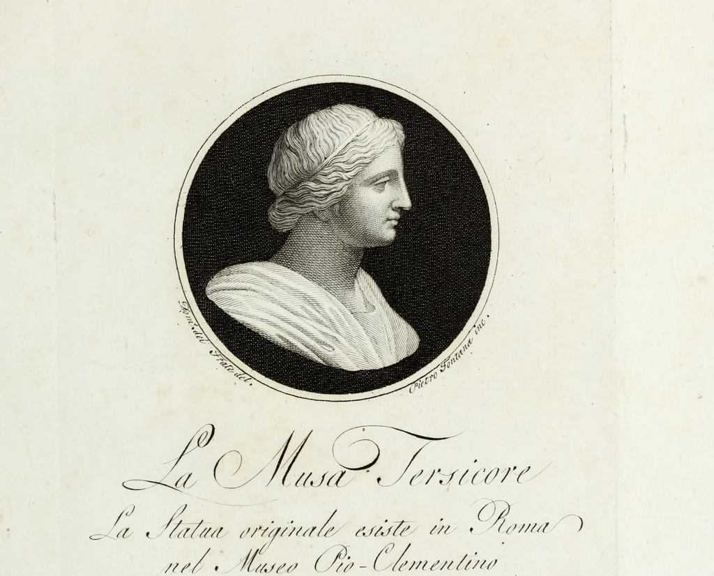 An illustration from Raccolta di dodici busti cavati dalle antiche statue originali : e sono l'Apollo citaredo colle muse, e l'Apollo detto di Belvedere, queste si ammirano nel Museo Pio-Clementino, la Venere de Medici, nel Museo ducale in Firenze, 1794, leaf 26