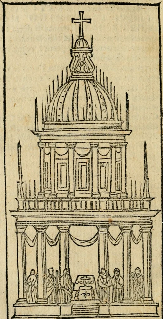 An illustration from Raccolta d'orationi et rime di diversi : co'l discorso, descrittione dell'essequie, e disegno del catafalco nella morte dell'illustriss. & reuerendiss. cardinal Farnese, 1589, leaf 151