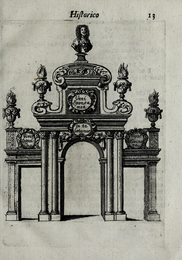 An illustration from Racconto historico del felicissimo maritaggio delle Sacre Cesaree Reali Maesta di Leopoldo et Eleonora Maddalena Teresa principessa nata di Neoburg sempre augusti, 1677, leaf 21