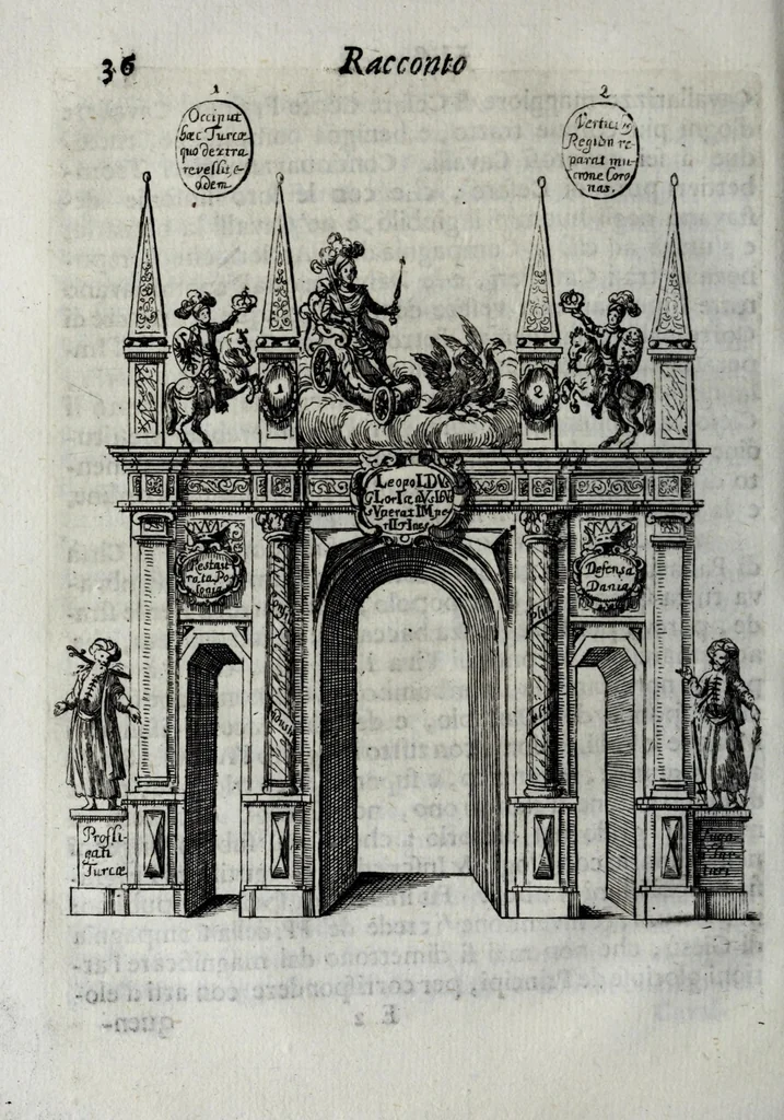 An illustration from Racconto historico del felicissimo maritaggio delle Sacre Cesaree Reali Maesta di Leopoldo et Eleonora Maddalena Teresa principessa nata di Neoburg sempre augusti, 1677, leaf 48