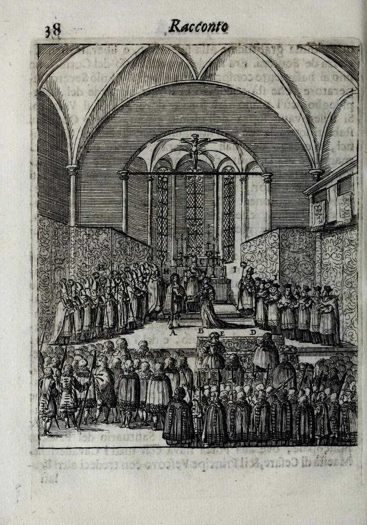 An illustration from Racconto historico del felicissimo maritaggio delle Sacre Cesaree Reali Maesta di Leopoldo et Eleonora Maddalena Teresa principessa nata di Neoburg sempre augusti, 1677, leaf 50
