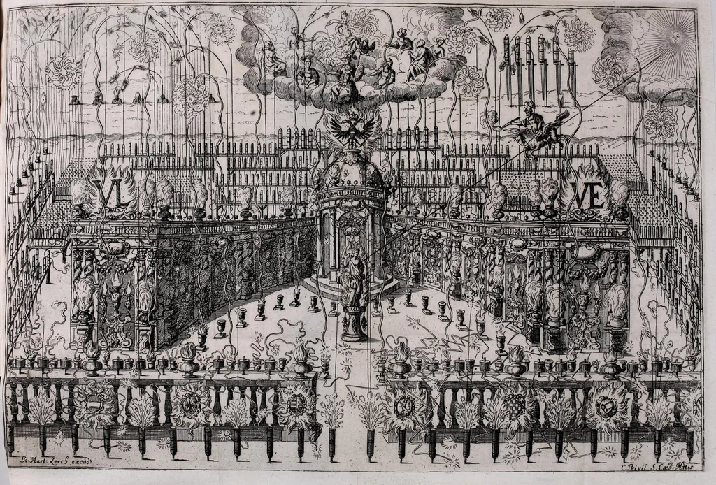 An illustration from Racconto historico del felicissimo maritaggio delle Sacre Cesaree Reali Maesta di Leopoldo et Eleonora Maddalena Teresa principessa nata di Neoburg sempre augusti, 1677, leaf 69