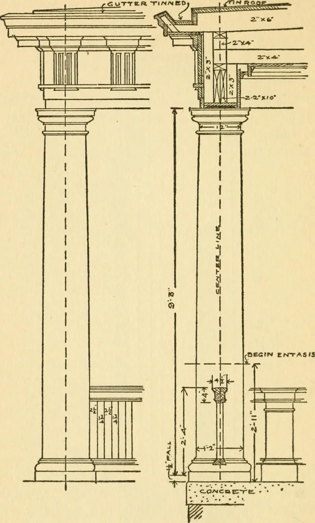 An illustration from Radford's architectural drawing : complete guide to work of architect's office, drawing to scale--tracing--detailing--designing --classic order of architecture. A complete and thorough course, clearly written and beautifully illustrated; suited alike to individual study and class instruction, 1912, leaf 119