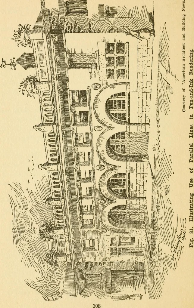 An illustration from Radford's architectural drawing : complete guide to work of architect's office, drawing to scale--tracing--detailing--designing --classic order of architecture. A complete and thorough course, clearly written and beautifully illustrated; suited alike to individual study and class instruction, 1912, leaf 153