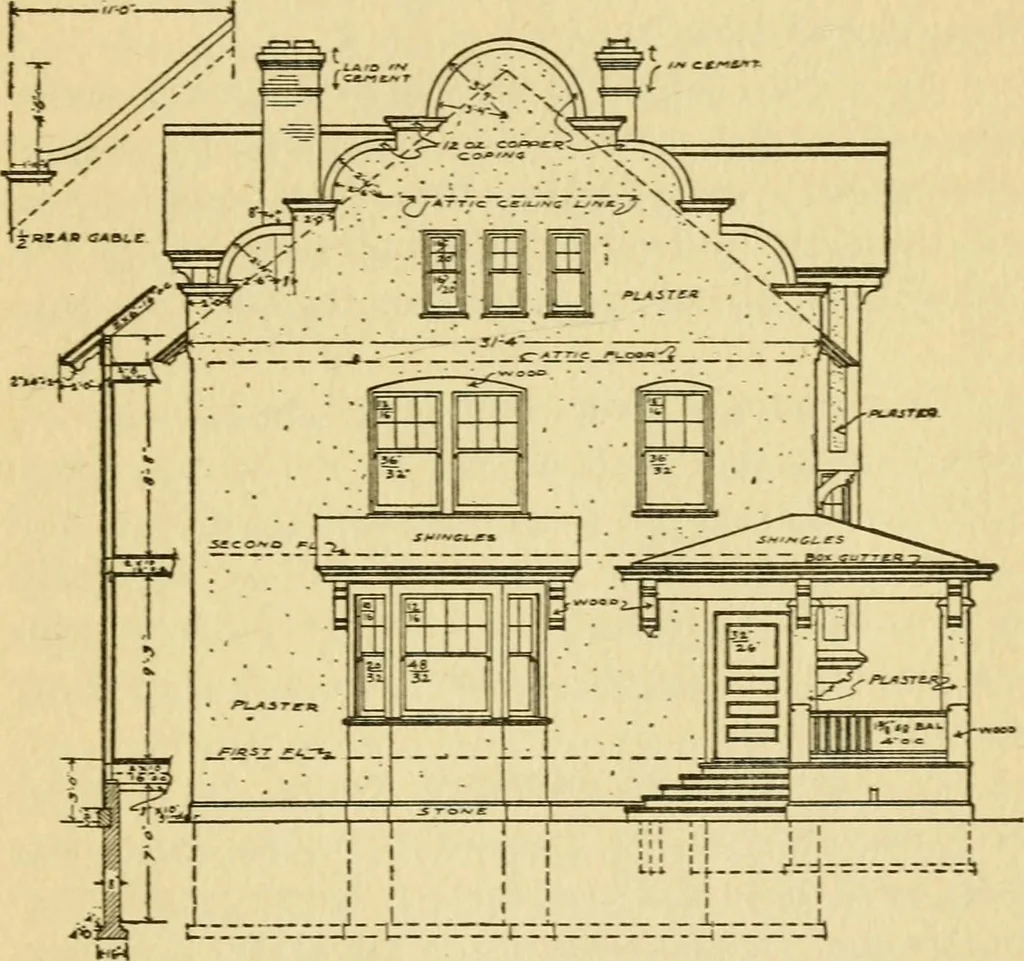 An illustration from Radford's architectural drawing : complete guide to work of architect's office, drawing to scale--tracing--detailing--designing --classic order of architecture. A complete and thorough course, clearly written and beautifully illustrated; suited alike to individual study and class instruction, 1912, leaf 54