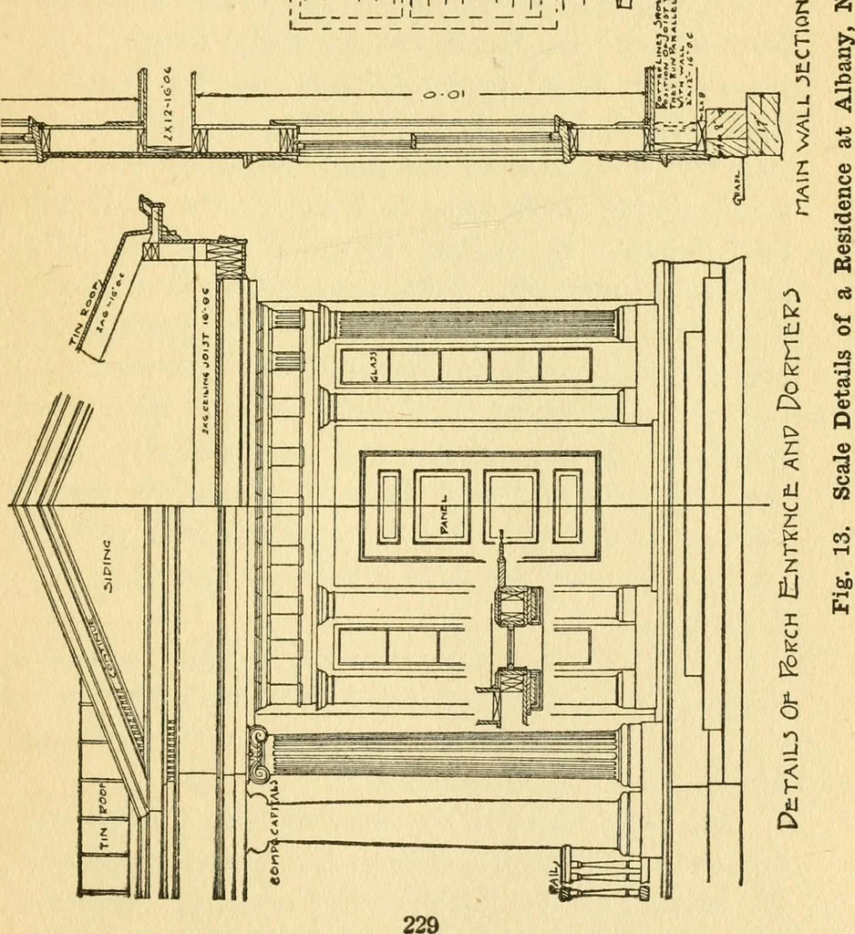 An illustration from Radford's architectural drawing : complete guide to work of architect's office, drawing to scale--tracing--detailing--designing --classic order of architecture. A complete and thorough course, clearly written and beautifully illustrated; suited alike to individual study and class instruction, 1912, leaf 58