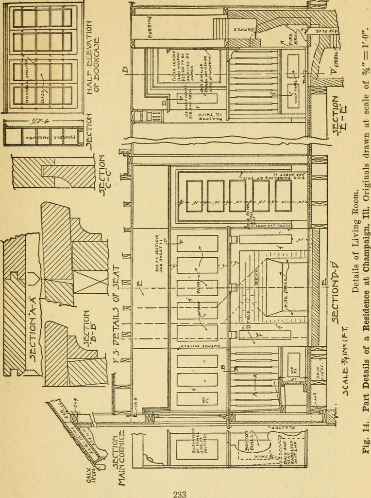 An illustration from Radford's architectural drawing : complete guide to work of architect's office, drawing to scale--tracing--detailing--designing --classic order of architecture. A complete and thorough course, clearly written and beautifully illustrated; suited alike to individual study and class instruction, 1912, leaf 64