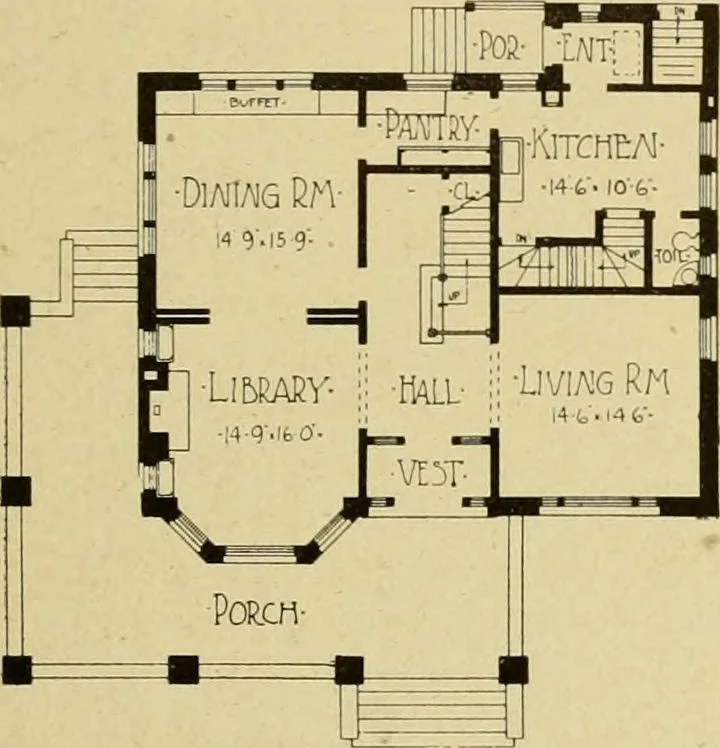 An illustration from Radford's brick houses and how to build them : a standard collection of new, original, and artistic designs for brick houses, apartments, stores and flats, garages, etc. ; together with complete instruction in the manufacture of brick and its practical uses as a building material selected and compiled by William A. Radford ... Every plan designed and executed by a corps of licensed architects of the highest professional standing, assisted by a staff of expert draftsmen. Over 300 designs and details., 1912, leaf 14