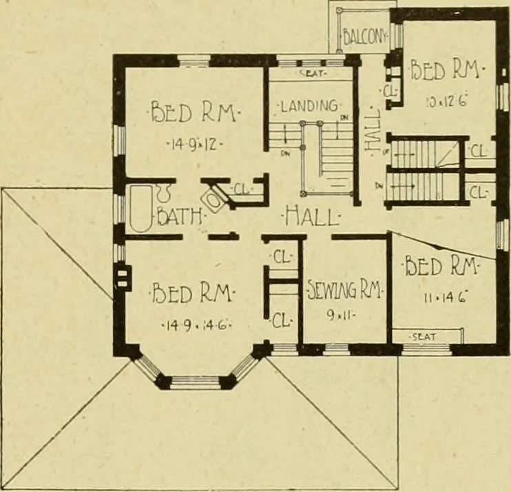 An illustration from Radford's brick houses and how to build them : a standard collection of new, original, and artistic designs for brick houses, apartments, stores and flats, garages, etc. ; together with complete instruction in the manufacture of brick and its practical uses as a building material selected and compiled by William A. Radford ... Every plan designed and executed by a corps of licensed architects of the highest professional standing, assisted by a staff of expert draftsmen. Over 300 designs and details., 1912, leaf 14