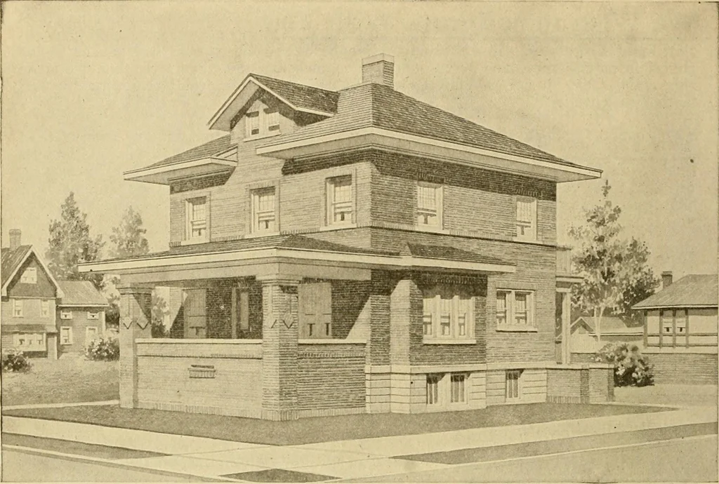 An illustration from Radford's brick houses and how to build them : a standard collection of new, original, and artistic designs for brick houses, apartments, stores and flats, garages, etc. ; together with complete instruction in the manufacture of brick and its practical uses as a building material selected and compiled by William A. Radford ... Every plan designed and executed by a corps of licensed architects of the highest professional standing, assisted by a staff of expert draftsmen. Over 300 designs and details., 1912, leaf 143
