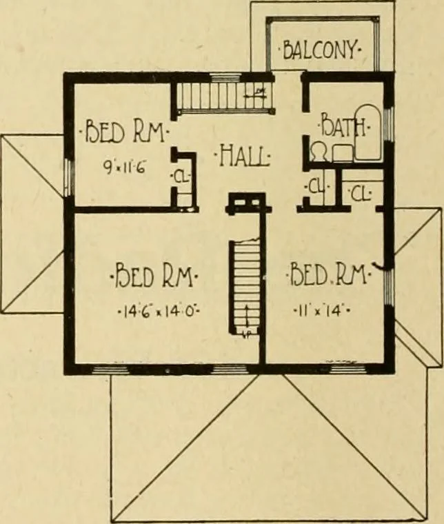 An illustration from Radford's brick houses and how to build them : a standard collection of new, original, and artistic designs for brick houses, apartments, stores and flats, garages, etc. ; together with complete instruction in the manufacture of brick and its practical uses as a building material selected and compiled by William A. Radford ... Every plan designed and executed by a corps of licensed architects of the highest professional standing, assisted by a staff of expert draftsmen. Over 300 designs and details., 1912, leaf 143
