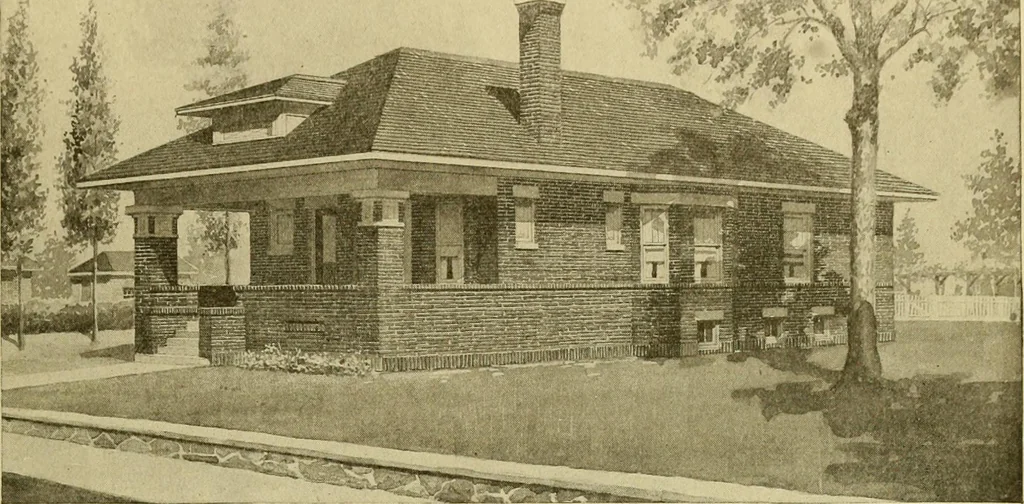 An illustration from Radford's brick houses and how to build them : a standard collection of new, original, and artistic designs for brick houses, apartments, stores and flats, garages, etc. ; together with complete instruction in the manufacture of brick and its practical uses as a building material selected and compiled by William A. Radford ... Every plan designed and executed by a corps of licensed architects of the highest professional standing, assisted by a staff of expert draftsmen. Over 300 designs and details., 1912, leaf 144