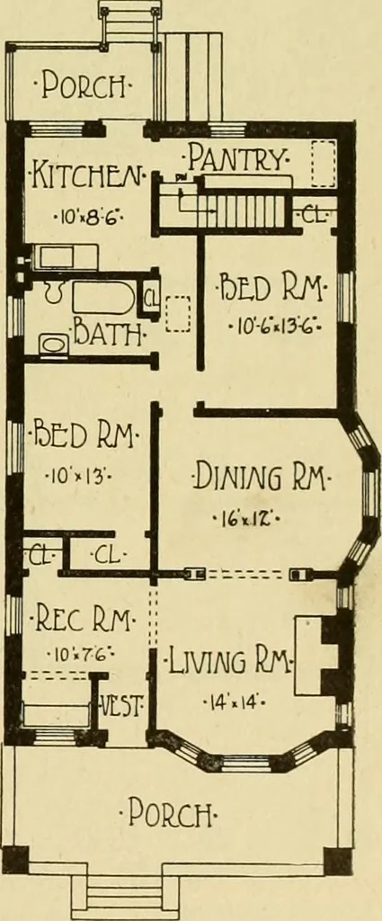 An illustration from Radford's brick houses and how to build them : a standard collection of new, original, and artistic designs for brick houses, apartments, stores and flats, garages, etc. ; together with complete instruction in the manufacture of brick and its practical uses as a building material selected and compiled by William A. Radford ... Every plan designed and executed by a corps of licensed architects of the highest professional standing, assisted by a staff of expert draftsmen. Over 300 designs and details., 1912, leaf 144