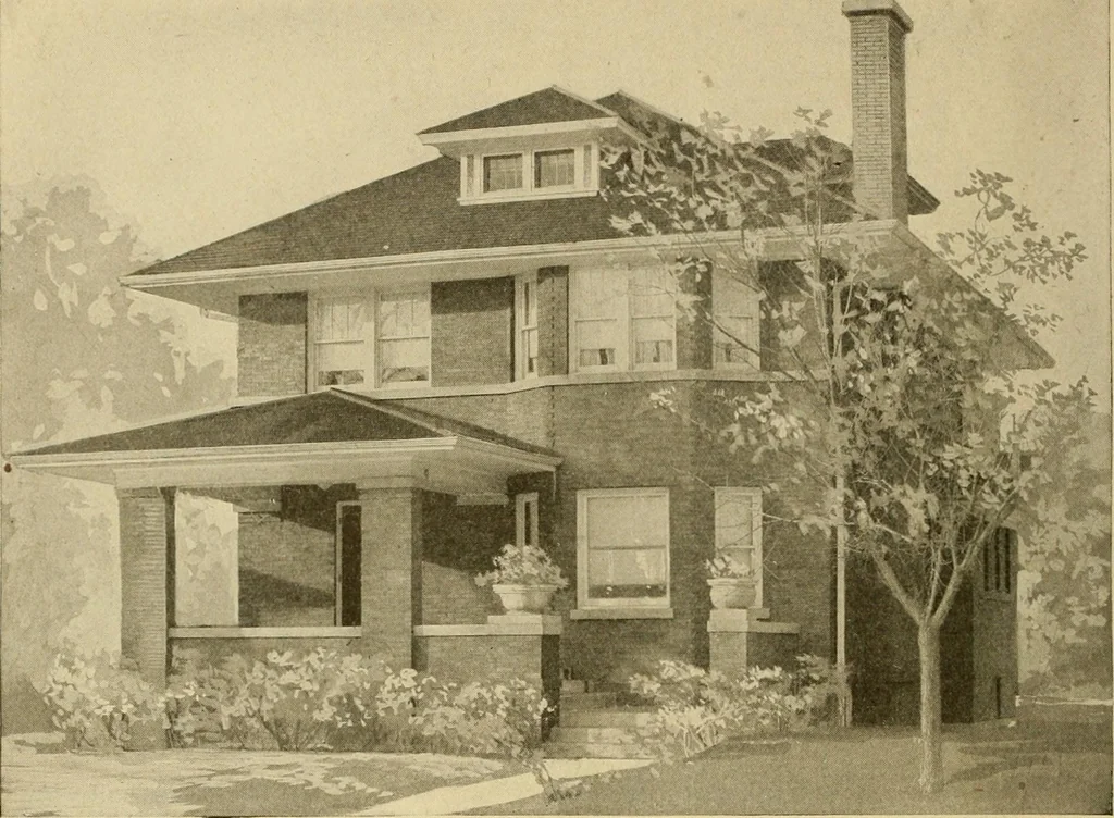 An illustration from Radford's brick houses and how to build them : a standard collection of new, original, and artistic designs for brick houses, apartments, stores and flats, garages, etc. ; together with complete instruction in the manufacture of brick and its practical uses as a building material selected and compiled by William A. Radford ... Every plan designed and executed by a corps of licensed architects of the highest professional standing, assisted by a staff of expert draftsmen. Over 300 designs and details., 1912, leaf 145