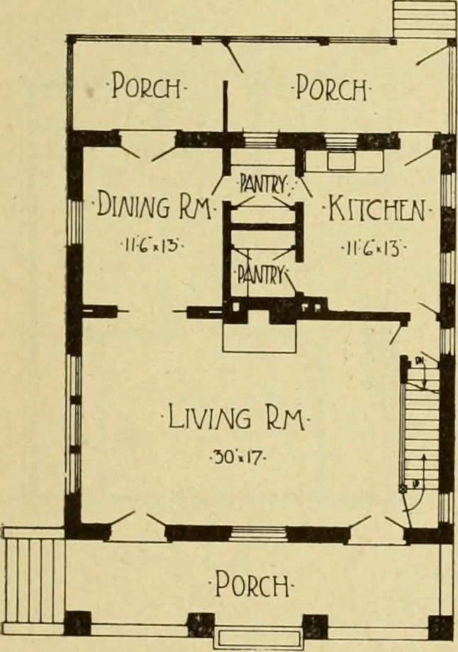 An illustration from Radford's brick houses and how to build them : a standard collection of new, original, and artistic designs for brick houses, apartments, stores and flats, garages, etc. ; together with complete instruction in the manufacture of brick and its practical uses as a building material selected and compiled by William A. Radford ... Every plan designed and executed by a corps of licensed architects of the highest professional standing, assisted by a staff of expert draftsmen. Over 300 designs and details., 1912, leaf 146