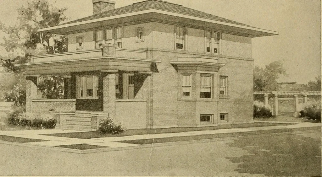 An illustration from Radford's brick houses and how to build them : a standard collection of new, original, and artistic designs for brick houses, apartments, stores and flats, garages, etc. ; together with complete instruction in the manufacture of brick and its practical uses as a building material selected and compiled by William A. Radford ... Every plan designed and executed by a corps of licensed architects of the highest professional standing, assisted by a staff of expert draftsmen. Over 300 designs and details., 1912, leaf 147