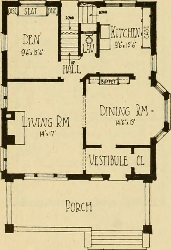 An illustration from Radford's brick houses and how to build them : a standard collection of new, original, and artistic designs for brick houses, apartments, stores and flats, garages, etc. ; together with complete instruction in the manufacture of brick and its practical uses as a building material selected and compiled by William A. Radford ... Every plan designed and executed by a corps of licensed architects of the highest professional standing, assisted by a staff of expert draftsmen. Over 300 designs and details., 1912, leaf 147