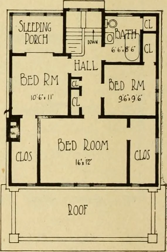 An illustration from Radford's brick houses and how to build them : a standard collection of new, original, and artistic designs for brick houses, apartments, stores and flats, garages, etc. ; together with complete instruction in the manufacture of brick and its practical uses as a building material selected and compiled by William A. Radford ... Every plan designed and executed by a corps of licensed architects of the highest professional standing, assisted by a staff of expert draftsmen. Over 300 designs and details., 1912, leaf 147