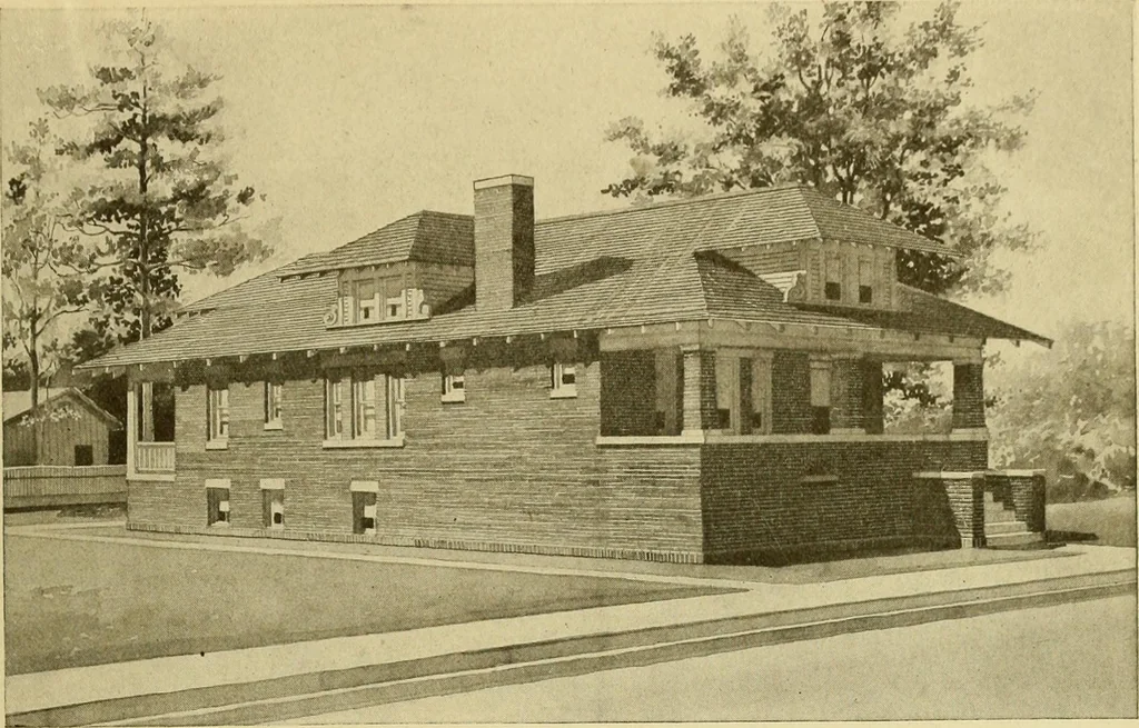 An illustration from Radford's brick houses and how to build them : a standard collection of new, original, and artistic designs for brick houses, apartments, stores and flats, garages, etc. ; together with complete instruction in the manufacture of brick and its practical uses as a building material selected and compiled by William A. Radford ... Every plan designed and executed by a corps of licensed architects of the highest professional standing, assisted by a staff of expert draftsmen. Over 300 designs and details., 1912, leaf 148