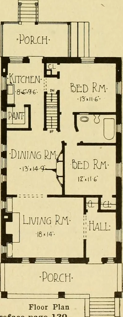 An illustration from Radford's brick houses and how to build them : a standard collection of new, original, and artistic designs for brick houses, apartments, stores and flats, garages, etc. ; together with complete instruction in the manufacture of brick and its practical uses as a building material selected and compiled by William A. Radford ... Every plan designed and executed by a corps of licensed architects of the highest professional standing, assisted by a staff of expert draftsmen. Over 300 designs and details., 1912, leaf 148