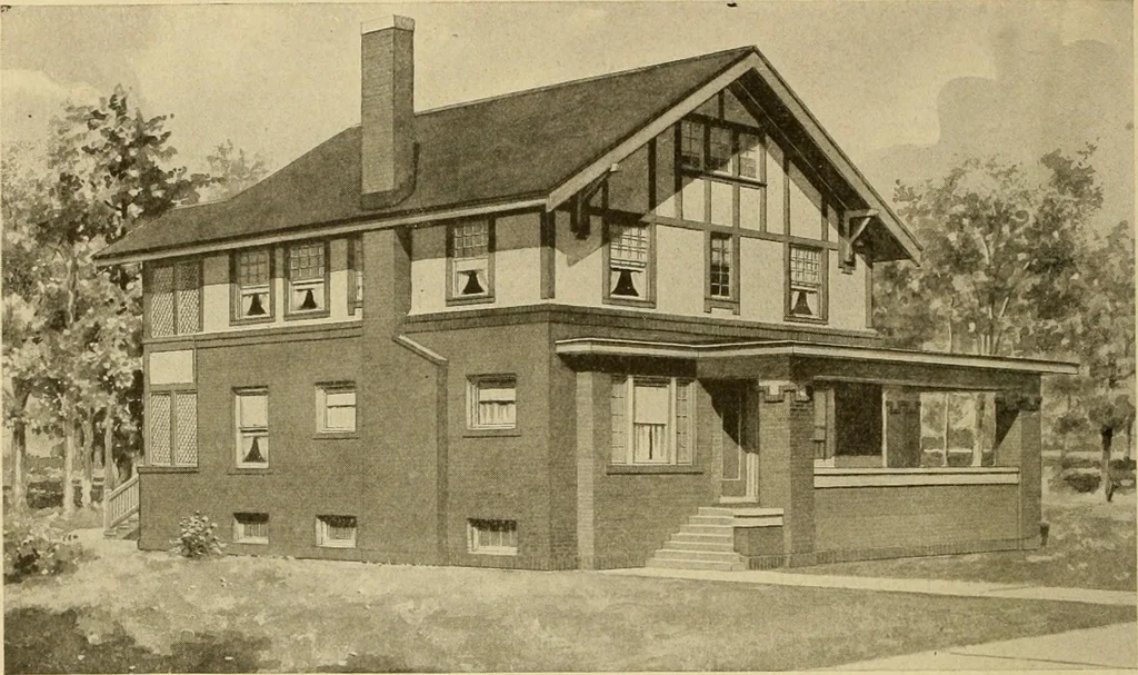 An illustration from Radford's brick houses and how to build them : a standard collection of new, original, and artistic designs for brick houses, apartments, stores and flats, garages, etc. ; together with complete instruction in the manufacture of brick and its practical uses as a building material selected and compiled by William A. Radford ... Every plan designed and executed by a corps of licensed architects of the highest professional standing, assisted by a staff of expert draftsmen. Over 300 designs and details., 1912, leaf 149