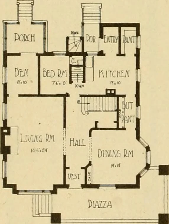 An illustration from Radford's brick houses and how to build them : a standard collection of new, original, and artistic designs for brick houses, apartments, stores and flats, garages, etc. ; together with complete instruction in the manufacture of brick and its practical uses as a building material selected and compiled by William A. Radford ... Every plan designed and executed by a corps of licensed architects of the highest professional standing, assisted by a staff of expert draftsmen. Over 300 designs and details., 1912, leaf 149