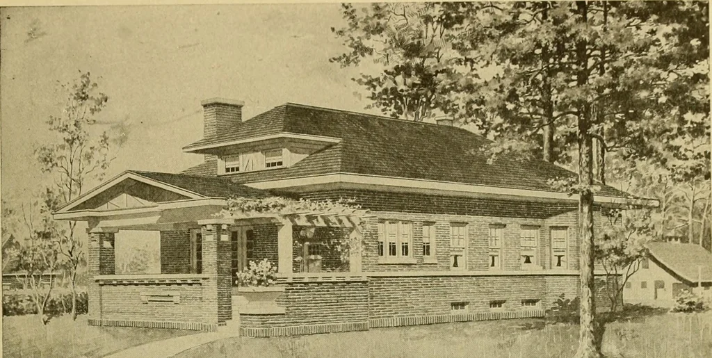 An illustration from Radford's brick houses and how to build them : a standard collection of new, original, and artistic designs for brick houses, apartments, stores and flats, garages, etc. ; together with complete instruction in the manufacture of brick and its practical uses as a building material selected and compiled by William A. Radford ... Every plan designed and executed by a corps of licensed architects of the highest professional standing, assisted by a staff of expert draftsmen. Over 300 designs and details., 1912, leaf 150