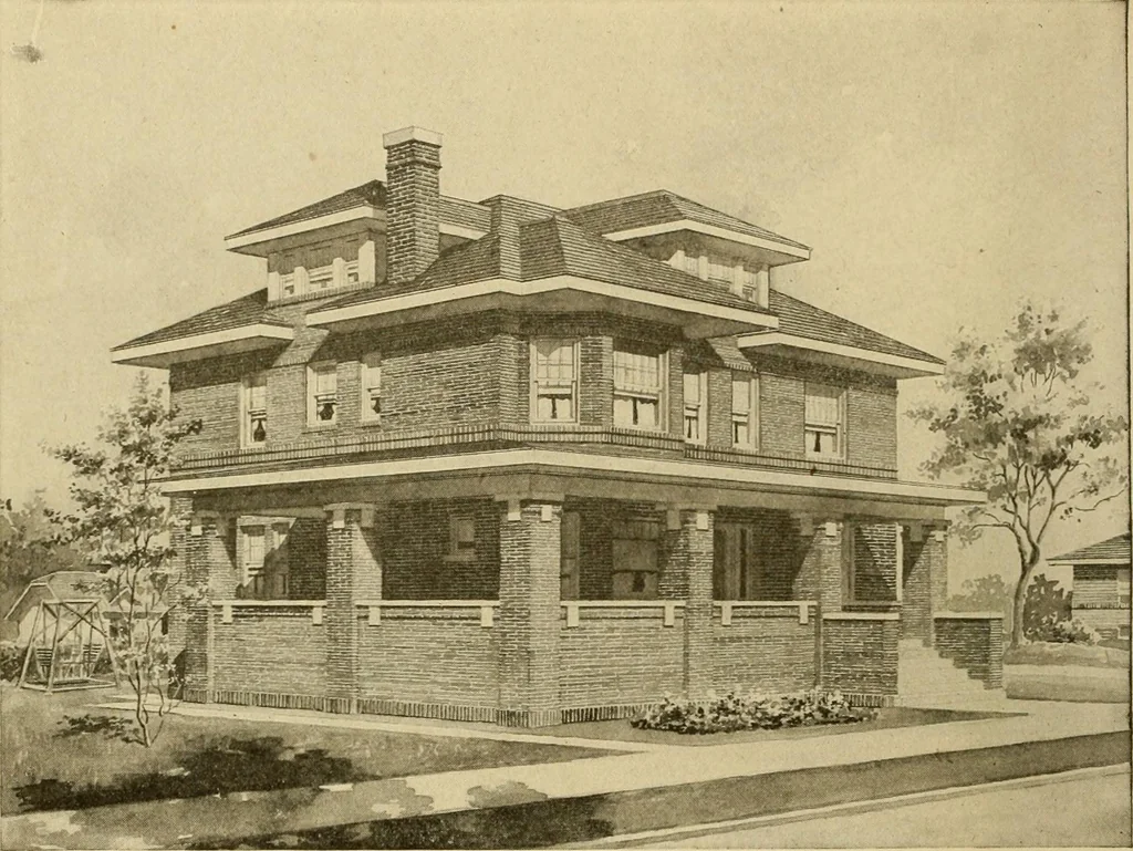 An illustration from Radford's brick houses and how to build them : a standard collection of new, original, and artistic designs for brick houses, apartments, stores and flats, garages, etc. ; together with complete instruction in the manufacture of brick and its practical uses as a building material selected and compiled by William A. Radford ... Every plan designed and executed by a corps of licensed architects of the highest professional standing, assisted by a staff of expert draftsmen. Over 300 designs and details., 1912, leaf 151