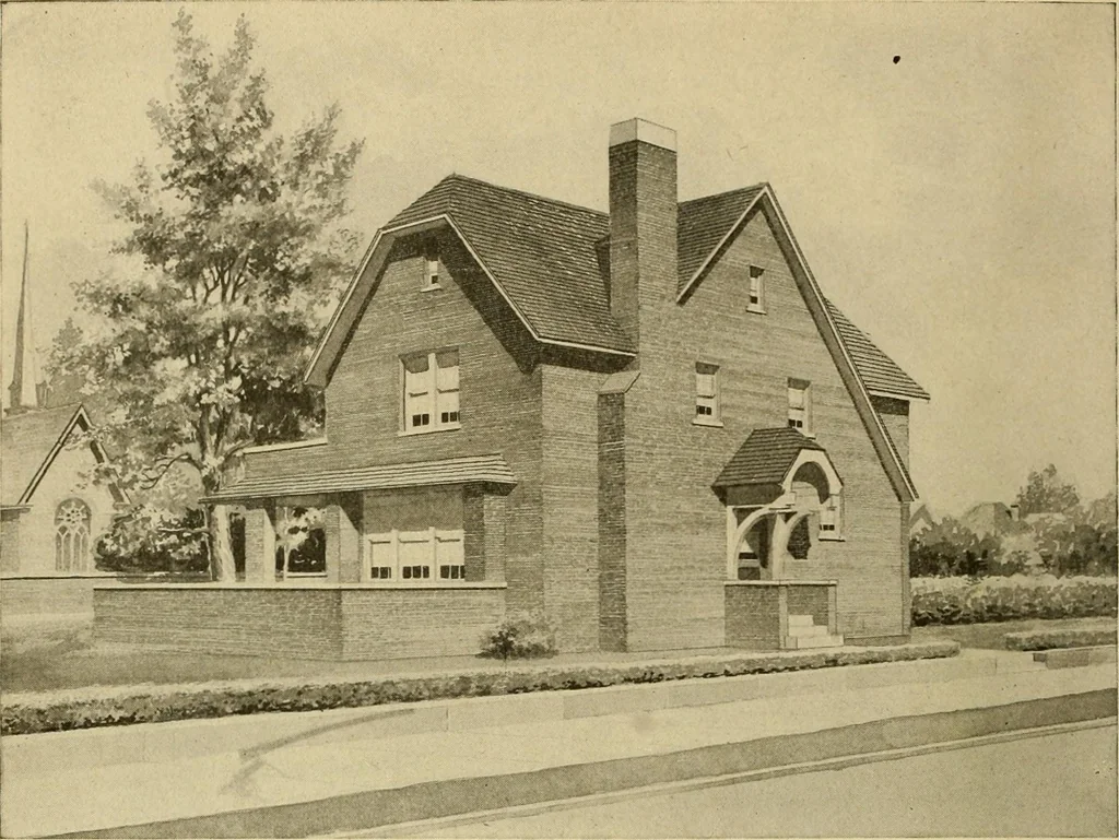 An illustration from Radford's brick houses and how to build them : a standard collection of new, original, and artistic designs for brick houses, apartments, stores and flats, garages, etc. ; together with complete instruction in the manufacture of brick and its practical uses as a building material selected and compiled by William A. Radford ... Every plan designed and executed by a corps of licensed architects of the highest professional standing, assisted by a staff of expert draftsmen. Over 300 designs and details., 1912, leaf 153