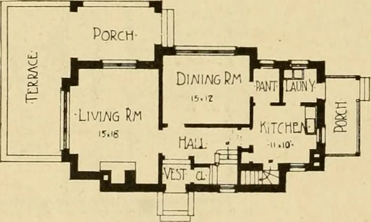 An illustration from Radford's brick houses and how to build them : a standard collection of new, original, and artistic designs for brick houses, apartments, stores and flats, garages, etc. ; together with complete instruction in the manufacture of brick and its practical uses as a building material selected and compiled by William A. Radford ... Every plan designed and executed by a corps of licensed architects of the highest professional standing, assisted by a staff of expert draftsmen. Over 300 designs and details., 1912, leaf 153