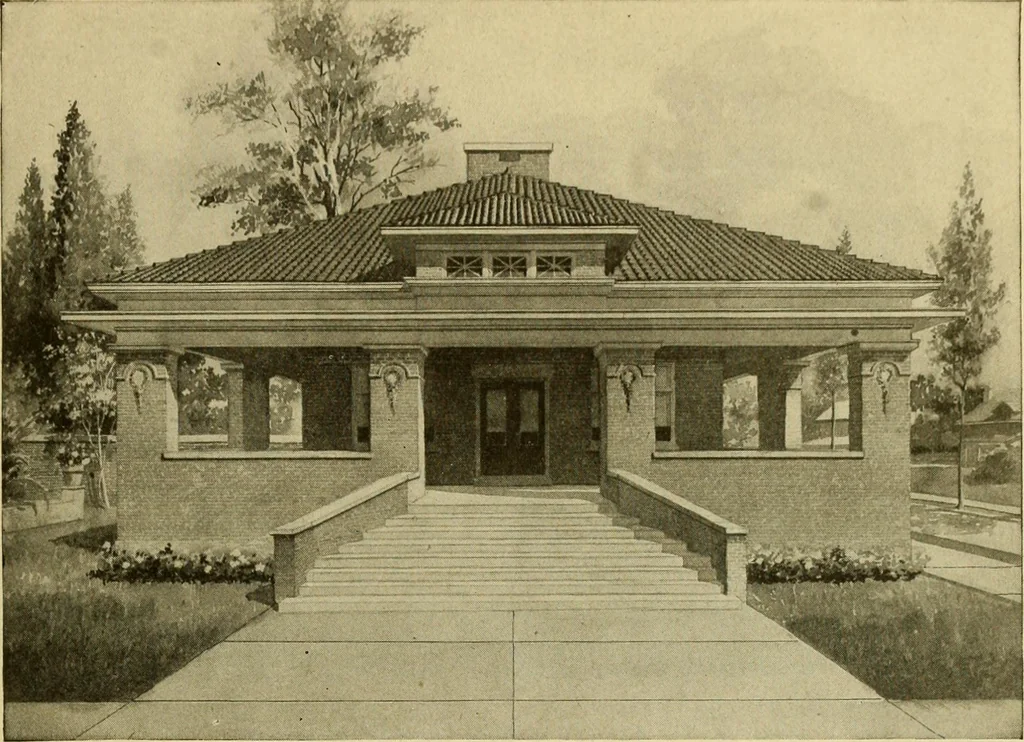 An illustration from Radford's brick houses and how to build them : a standard collection of new, original, and artistic designs for brick houses, apartments, stores and flats, garages, etc. ; together with complete instruction in the manufacture of brick and its practical uses as a building material selected and compiled by William A. Radford ... Every plan designed and executed by a corps of licensed architects of the highest professional standing, assisted by a staff of expert draftsmen. Over 300 designs and details., 1912, leaf 154