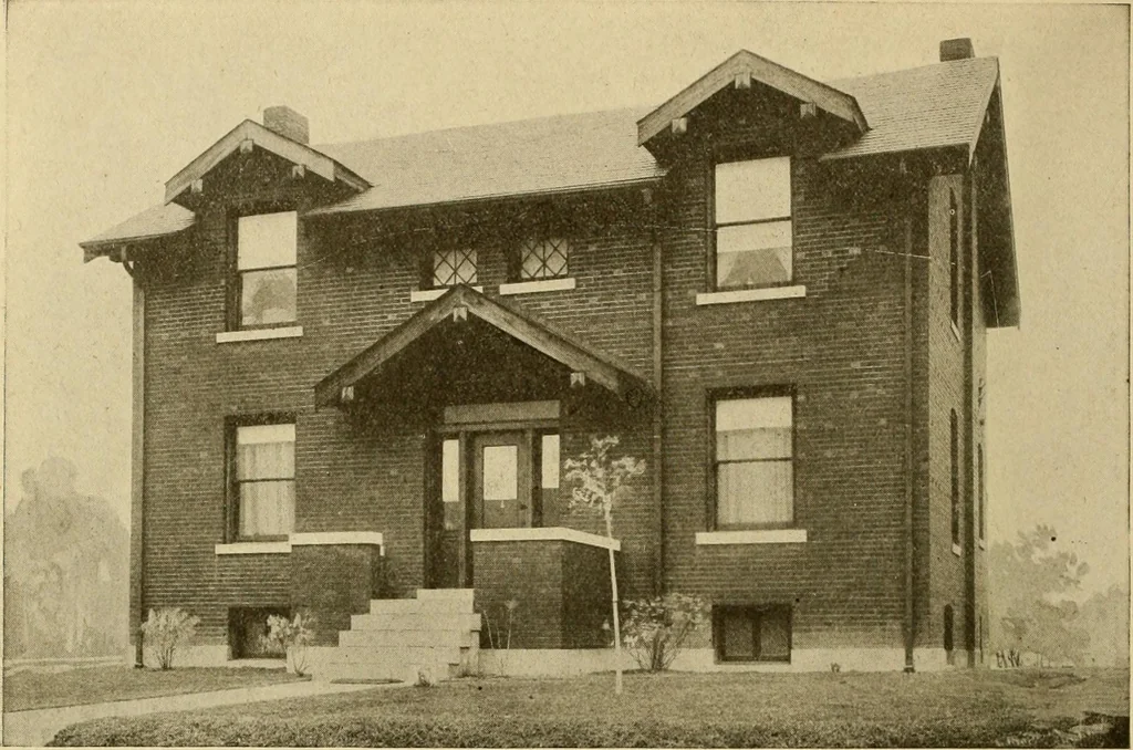 An illustration from Radford's brick houses and how to build them : a standard collection of new, original, and artistic designs for brick houses, apartments, stores and flats, garages, etc. ; together with complete instruction in the manufacture of brick and its practical uses as a building material selected and compiled by William A. Radford ... Every plan designed and executed by a corps of licensed architects of the highest professional standing, assisted by a staff of expert draftsmen. Over 300 designs and details., 1912, leaf 155